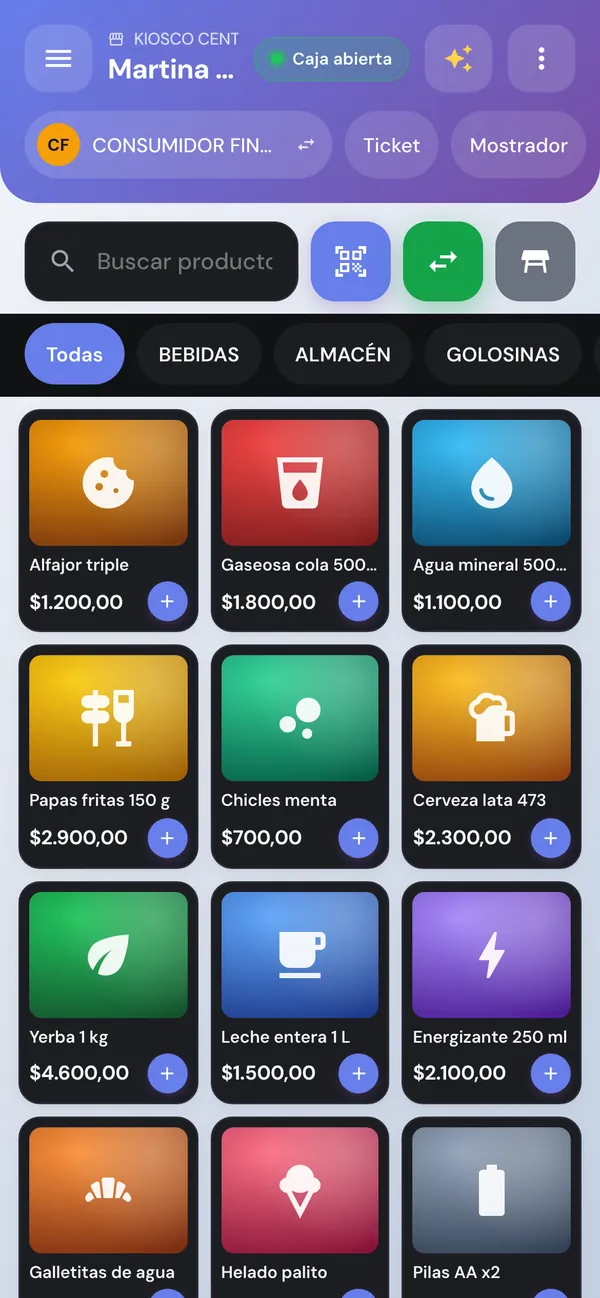 Venta desde el celular: productos de kiosco con precio y botón para escanear el código